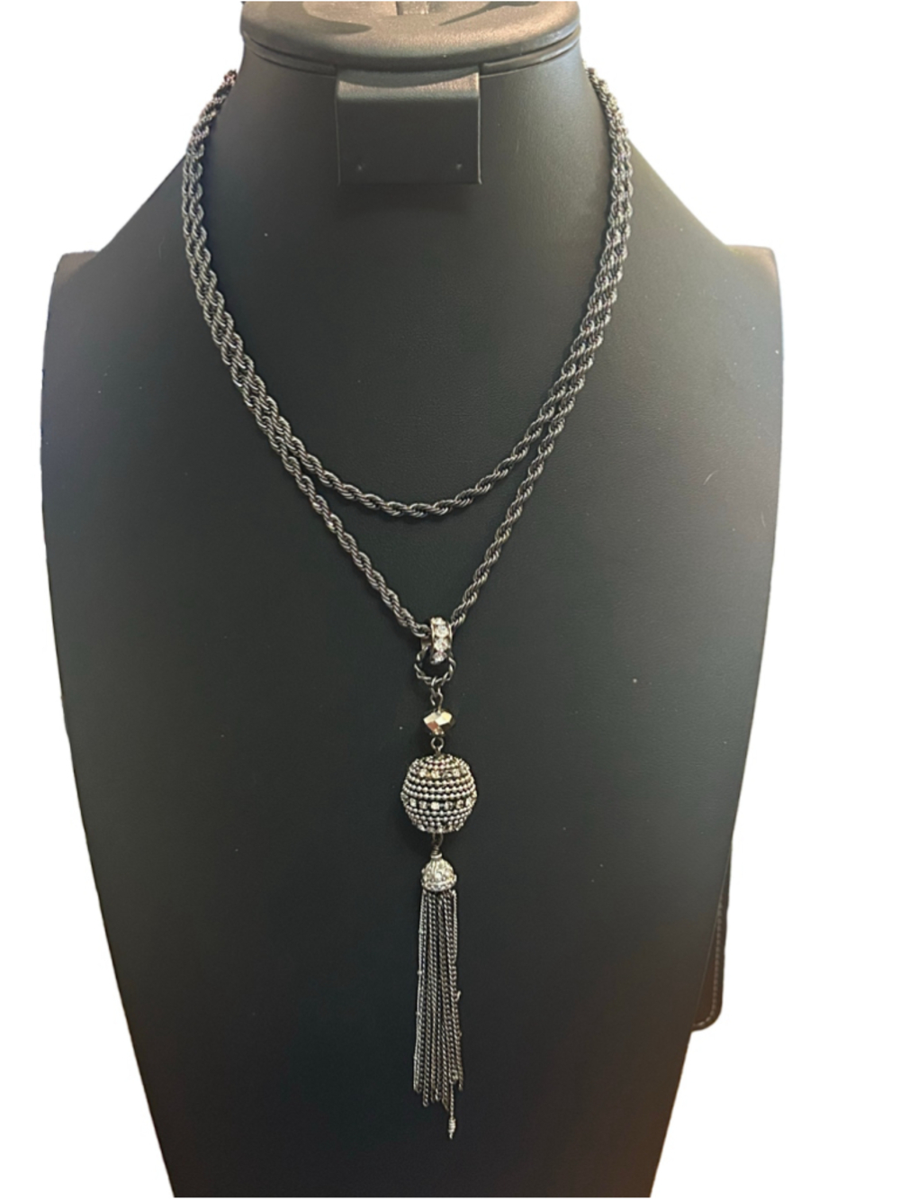Women's Express Silver Tone Crystal Tassel Pendant Necklace 36”